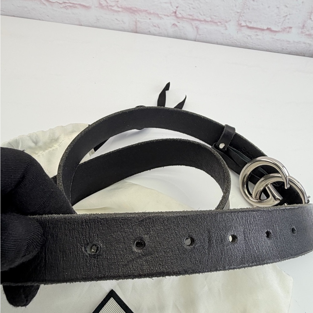 Gucci Black Raw Edge Leather Marmont Belt l Silver Buckle 414516 85/34 - Picture 10 of 11